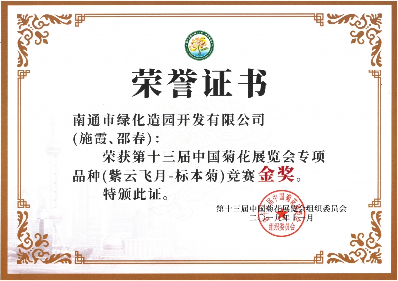 十三屆中國菊花展覽會專項品種（紫云飛月-標本菊）競賽金獎（施霞、邵春）